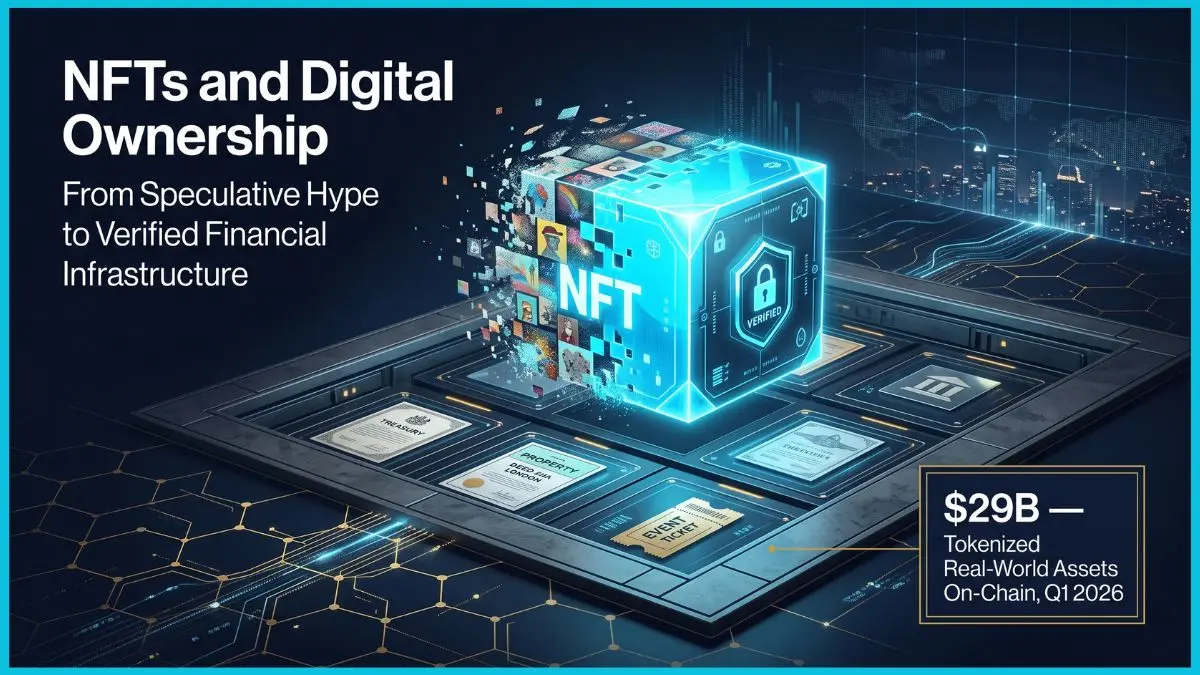 NFTs and Digital Ownership: Hype or Real Revolution? 8 A professional financial editorial illustration featuring a luminous cyan 3D cube transitioning from a pixelated JPEG mosaic to a solid digital asset, representing the shift in NFTs and digital ownership toward verified financial infrastructure.