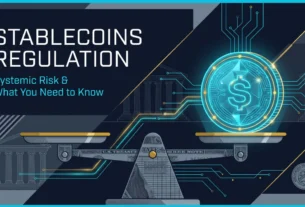 Stablecoins Regulation: Systemic Risk and What You Need to Know 5 Minimalist editorial illustration on a deep navy background showing a glowing cyan digital coin on a balance scale, connected by circuit lines to regulatory institution columns, representing stablecoins regulation.