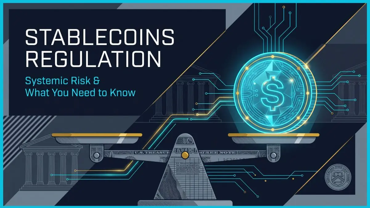 Stablecoins Regulation: Systemic Risk and What You Need to Know 10 Minimalist editorial illustration on a deep navy background showing a glowing cyan digital coin on a balance scale, connected by circuit lines to regulatory institution columns, representing stablecoins regulation.