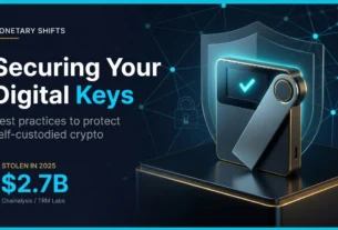 Crypto Wallet Security: Best Practices to Protect Your Coins 4 A premium cinematic editorial cover for Monetary Shifts featuring a sophisticated crypto hardware wallet. The device is glowing with an electric cyan checkmark, illustrating institutional-grade crypto wallet security and self-custody against a deep navy blue blockchain lattice background.