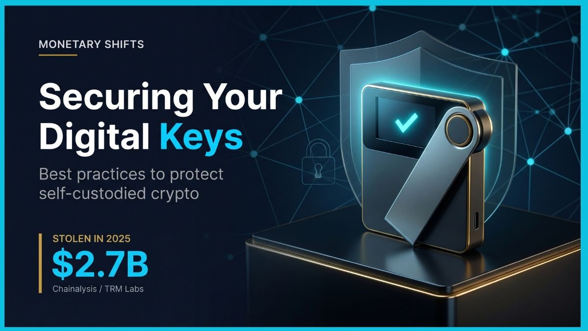 A premium cinematic editorial cover for Monetary Shifts featuring a sophisticated crypto hardware wallet. The device is glowing with an electric cyan checkmark, illustrating institutional-grade crypto wallet security and self-custody against a deep navy blue blockchain lattice background.