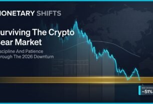 A premium editorial financial cover for 'Monetary Shifts' featuring a glowing cyan Bitcoin price line descending and stabilizing on a luminous gold support band. The background is a sophisticated navy blue global macro grid with professional typography reading Surviving The Crypto Bear Market Strategy.