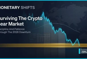 Crypto Bear Market Strategy: How Long-Term Investors Survive the Downturn 5 A premium editorial financial cover for 'Monetary Shifts' featuring a glowing cyan Bitcoin price line descending and stabilizing on a luminous gold support band. The background is a sophisticated navy blue global macro grid with professional typography reading Surviving The Crypto Bear Market Strategy.