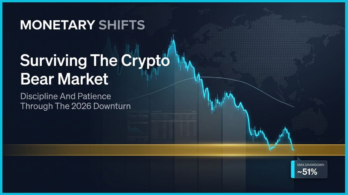 A premium editorial financial cover for 'Monetary Shifts' featuring a glowing cyan Bitcoin price line descending and stabilizing on a luminous gold support band. The background is a sophisticated navy blue global macro grid with professional typography reading Surviving The Crypto Bear Market Strategy.