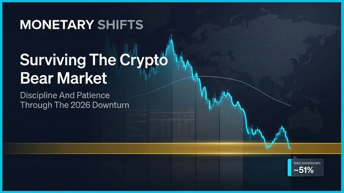 Crypto Bear Market Strategy: How Long-Term Investors Survive the Downturn 2 A premium editorial financial cover for 'Monetary Shifts' featuring a glowing cyan Bitcoin price line descending and stabilizing on a luminous gold support band. The background is a sophisticated navy blue global macro grid with professional typography reading Surviving The Crypto Bear Market Strategy.