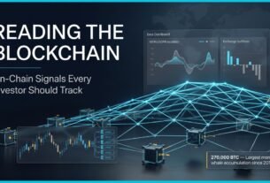 A sophisticated cinematic editorial cover featuring a glowing 3D blockchain lattice and holographic dashboards illustrating on-chain data for investors against a deep navy financial background.