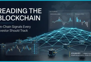 On-Chain Data for Investors: Metrics Every Crypto Investor Should Track 6 A sophisticated cinematic editorial cover featuring a glowing 3D blockchain lattice and holographic dashboards illustrating on-chain data for investors against a deep navy financial background.