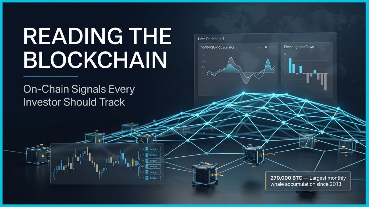 A sophisticated cinematic editorial cover featuring a glowing 3D blockchain lattice and holographic dashboards illustrating on-chain data for investors against a deep navy financial background.