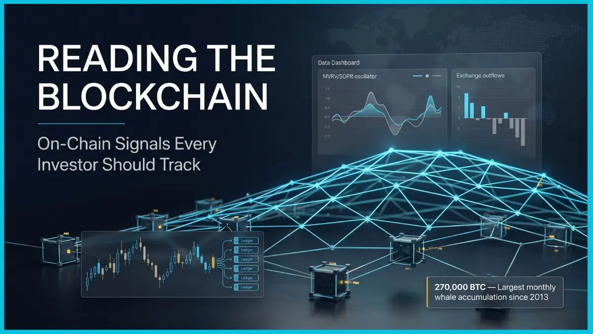 On-Chain Data for Investors: Metrics Every Crypto Investor Should Track 1 A sophisticated cinematic editorial cover featuring a glowing 3D blockchain lattice and holographic dashboards illustrating on-chain data for investors against a deep navy financial background.