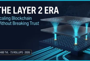 Layer 2 Scaling Solutions Explained: Rollups, Channels and More 6 A serious, Bloomberg-style editorial cover showing a 3D modular blockchain architecture with translucent layers and glowing cyan data beams representing layer 2 scaling solutions anchoring into a navy blue base layer. Professional typography on the left reads 'THE LAYER 2 ERA' with financial data points.