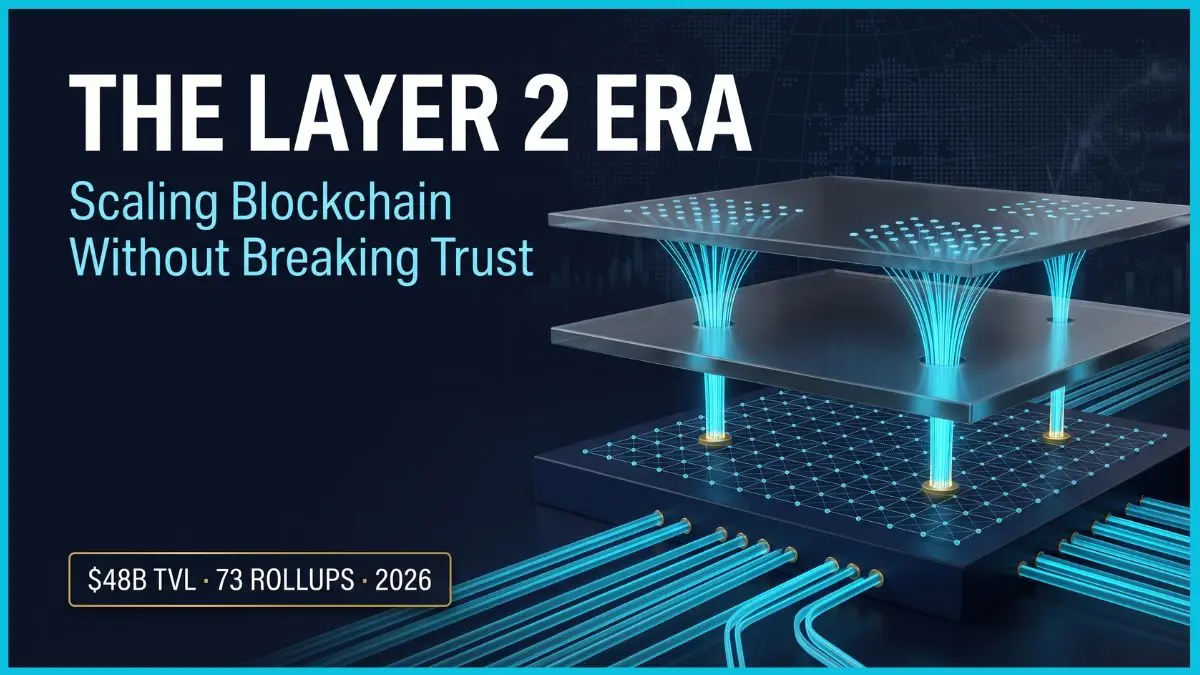 Layer 2 Scaling Solutions Explained: Rollups, Channels and More 4 A serious, Bloomberg-style editorial cover showing a 3D modular blockchain architecture with translucent layers and glowing cyan data beams representing layer 2 scaling solutions anchoring into a navy blue base layer. Professional typography on the left reads 'THE LAYER 2 ERA' with financial data points.