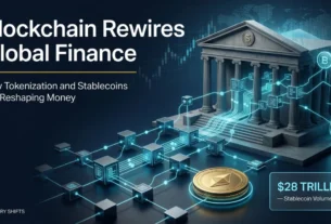 Blockchain Technology in Finance: How It Is Transforming Global Markets 6 A sophisticated editorial cover showing a classical financial building merging with a glowing cyan digital network and tokenized assets, illustrating the integration of blockchain technology in finance.