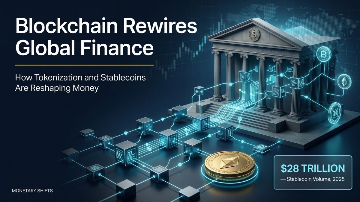 A sophisticated editorial cover showing a classical financial building merging with a glowing cyan digital network and tokenized assets, illustrating the integration of blockchain technology in finance.