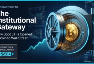 Bitcoin Spot ETF: Why It's a Game Changer for Institutional Money 4 A sleek steel bank vault opening to reveal a glowing gold Bitcoin core, symbolizing institutional custody and the impact of the Bitcoin spot ETF on Wall Street, featuring an upward-trending cyan financial chart.