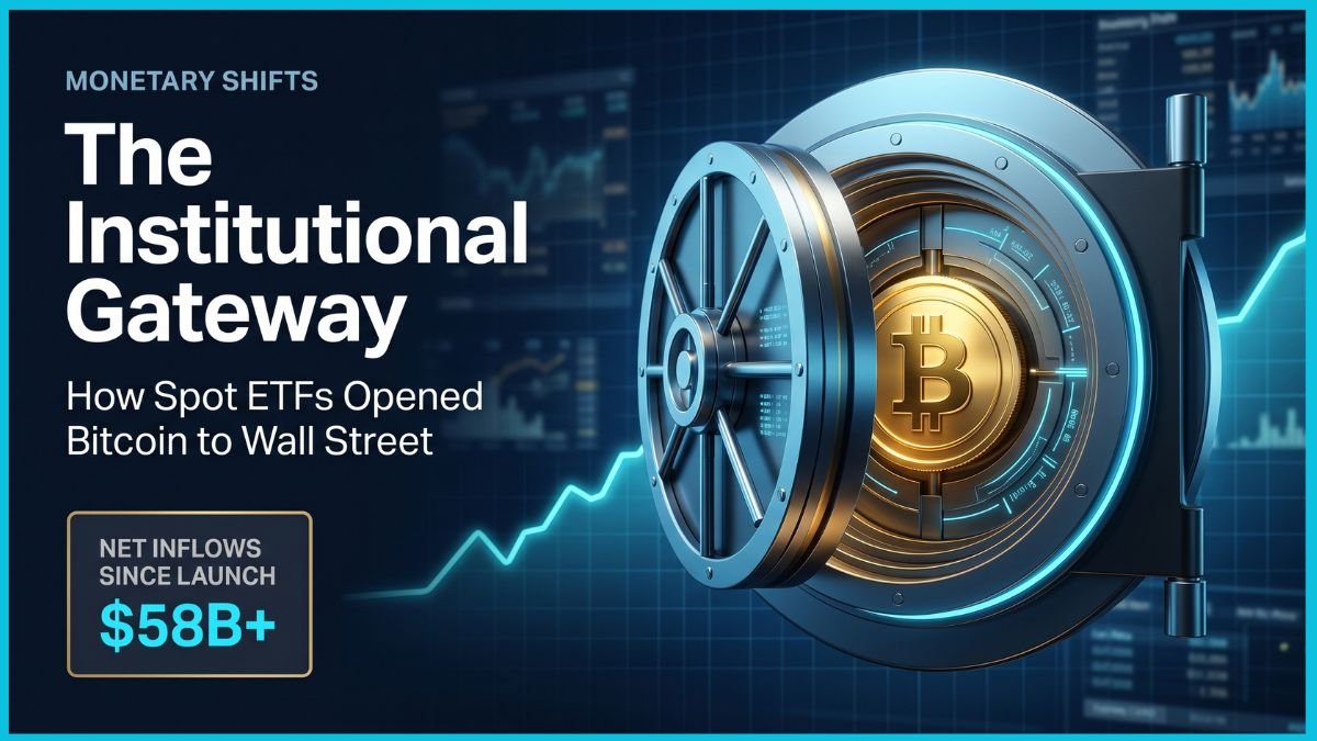 A sleek steel bank vault opening to reveal a glowing gold Bitcoin core, symbolizing institutional custody and the impact of the Bitcoin spot ETF on Wall Street, featuring an upward-trending cyan financial chart.