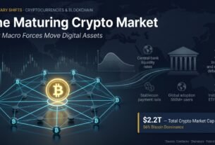 A professional financial magazine cover titled "Monetary Shifts" showing a 3D digital network with a central golden Bitcoin node. The layout is clean and authoritative, designed to explain the cryptocurrency market for beginners through clear visual hierarchy and institutional data.