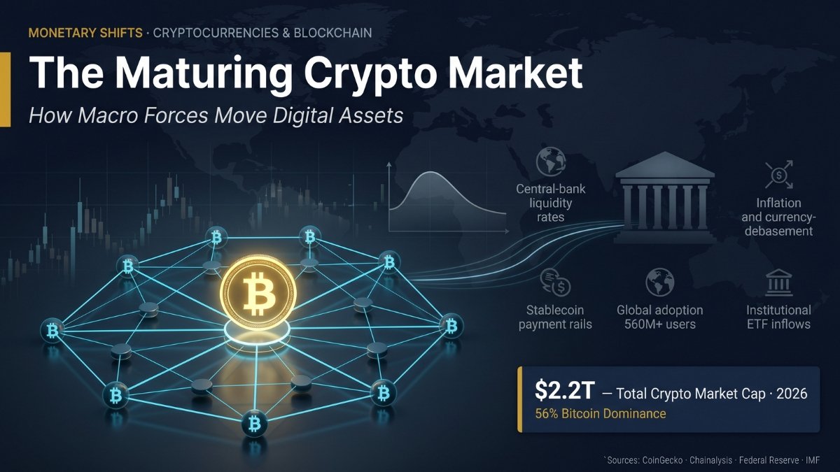 A professional financial magazine cover titled "Monetary Shifts" showing a 3D digital network with a central golden Bitcoin node. The layout is clean and authoritative, designed to explain the cryptocurrency market for beginners through clear visual hierarchy and institutional data.