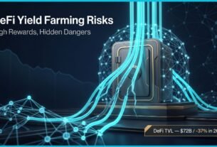 A cinematic editorial illustration representing DeFi yield farming risks through a futuristic digital vault with fracturing cyan yield streams and gold accents against a deep navy blue background.