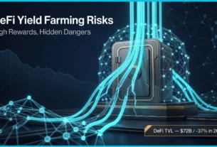 DeFi Yield Farming Risks: High Rewards and the Hidden Dangers Investors Overlook 6 A cinematic editorial illustration representing DeFi yield farming risks through a futuristic digital vault with fracturing cyan yield streams and gold accents against a deep navy blue background.