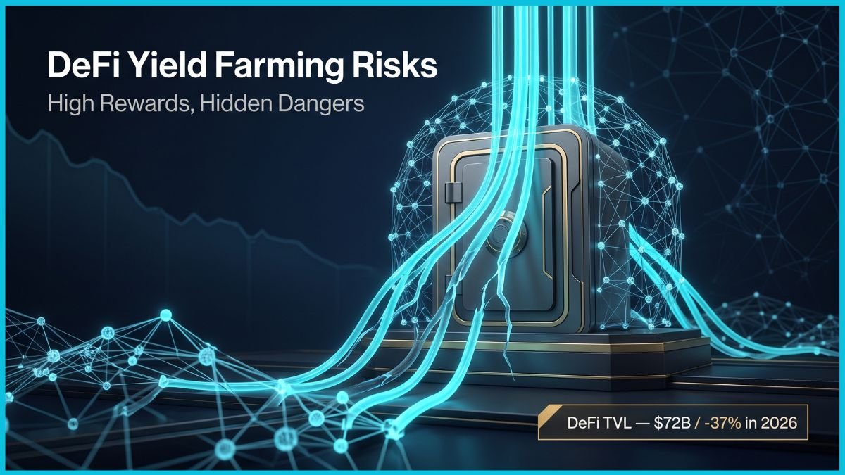 A cinematic editorial illustration representing DeFi yield farming risks through a futuristic digital vault with fracturing cyan yield streams and gold accents against a deep navy blue background.