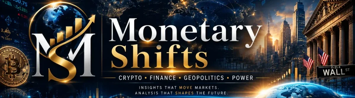 A sophisticated banner for Bitcoin today featuring a gold coin alongside Wall Street architecture, upward-trending charts, and the New York City skyline in navy and gold.